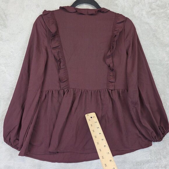 Ann Taylor Petite Blouse Womens XSP Burgundy Ruffle Peplum Long Sleeve Top - Picture 4 of 12